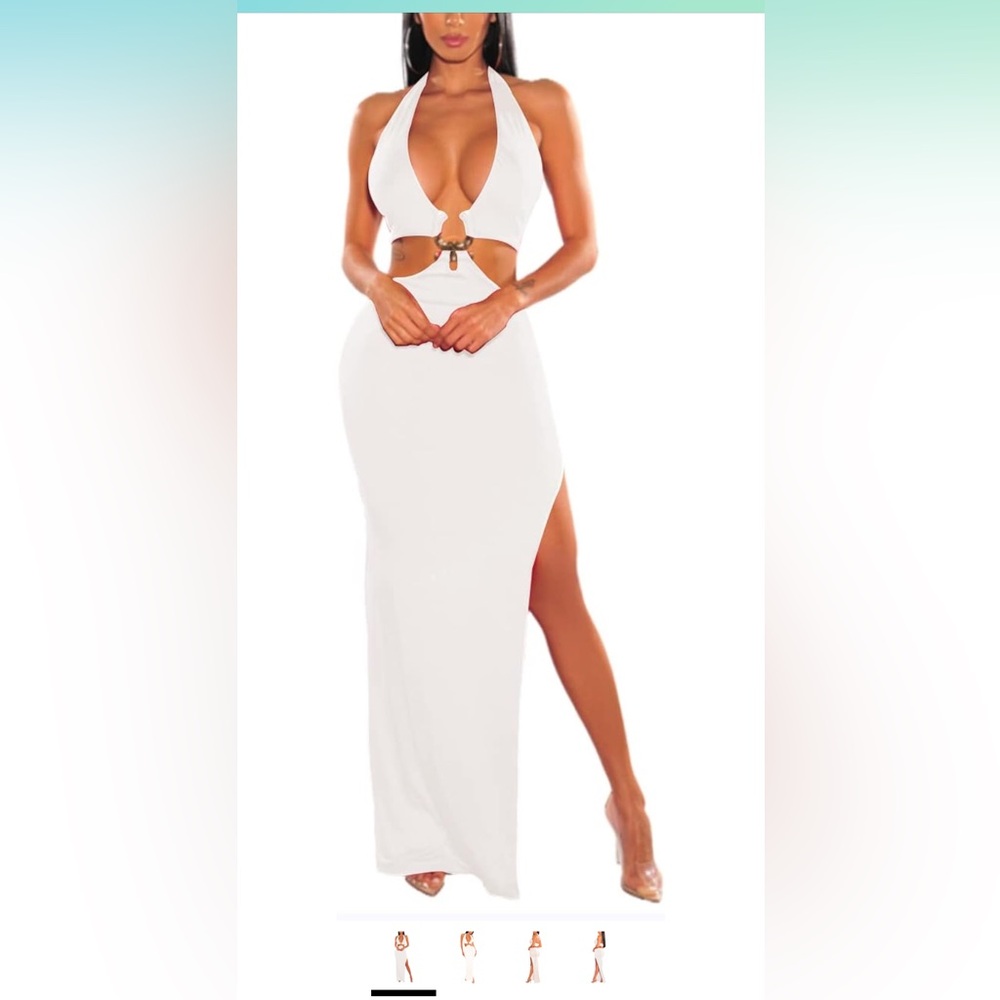 Sleeveless Halter V Neck Side Waist Cutout Backless Bodycon High Slit